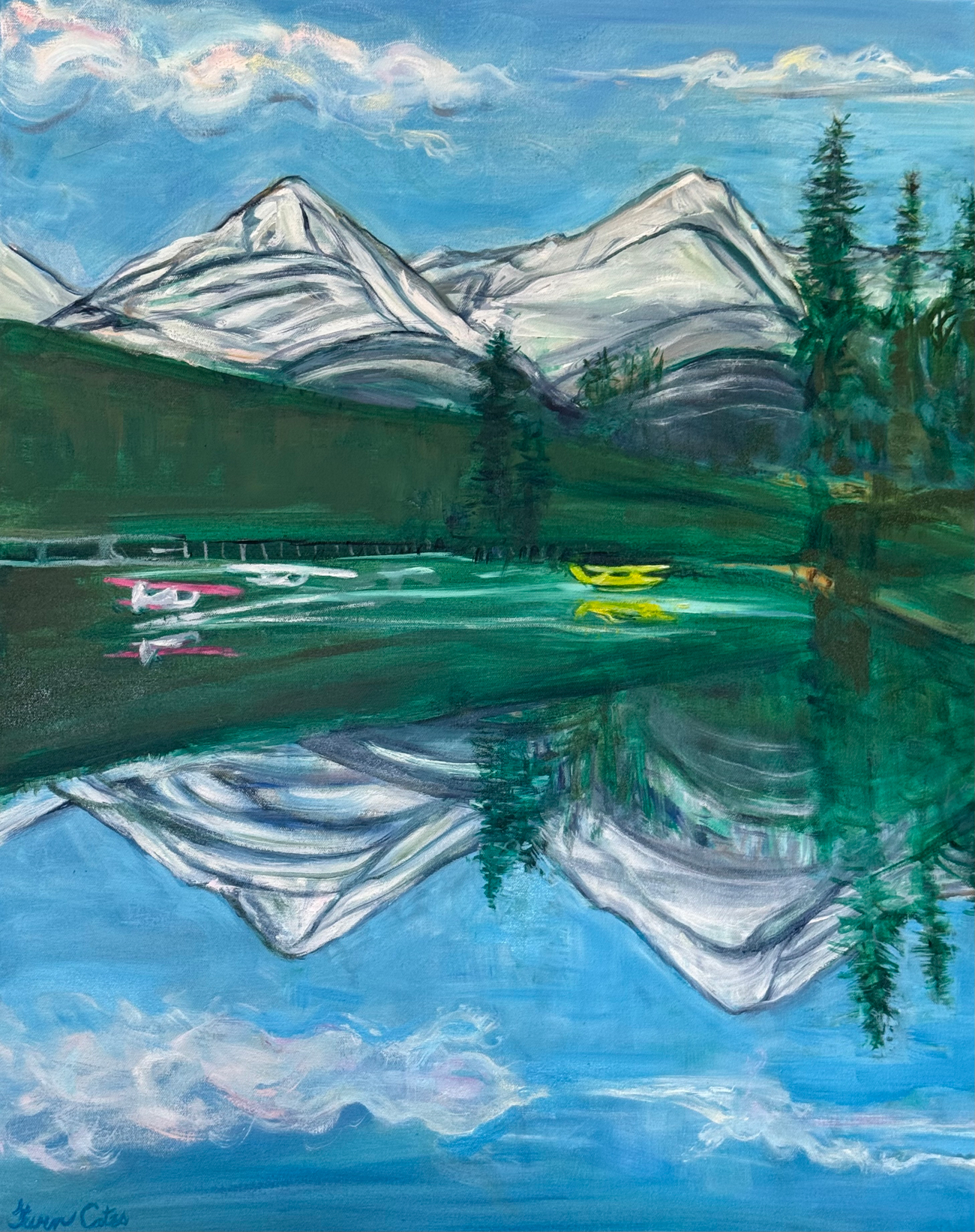 Alaskan Dock with Mountain Range and Pontoon Planes