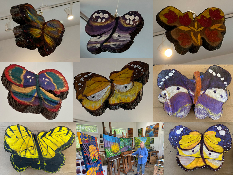 Butterflies on Wood hanging in Gwen's Studio Exhibit and Gwen in Studio; composite image