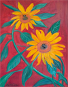 Sunflowers Against a Red Barn with Bumble Bees