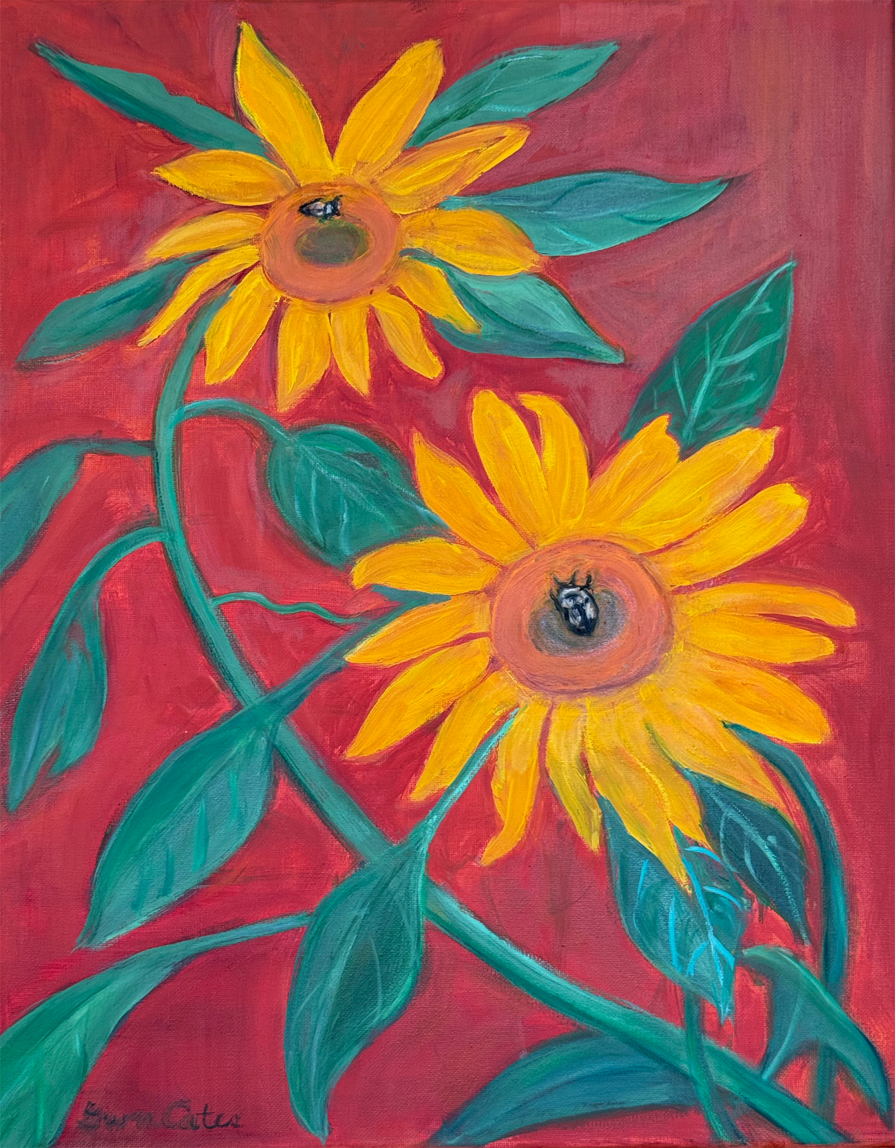 Sunflowers Against a Red Barn with Bumble Bees